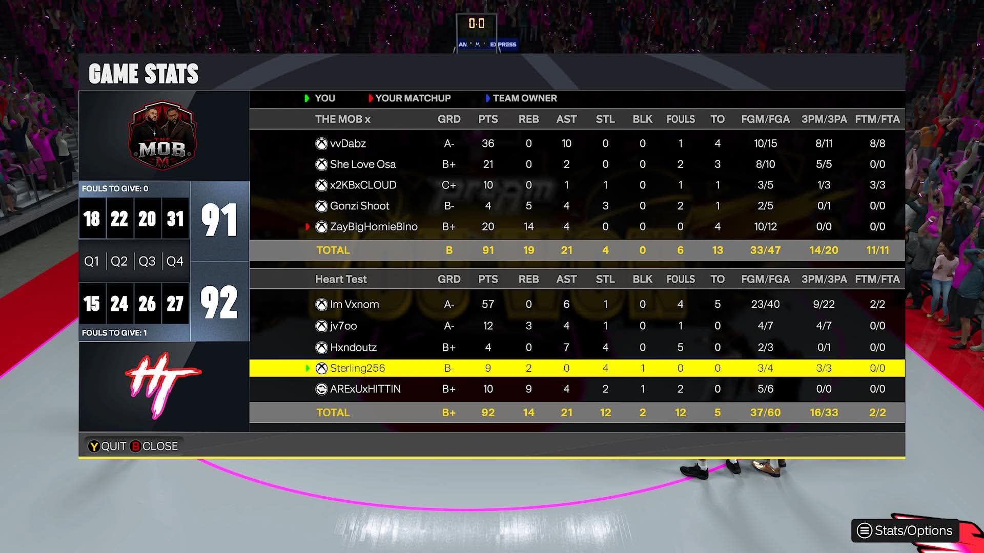 Real Structure Mob 91–92 Heart Test box score screenshot