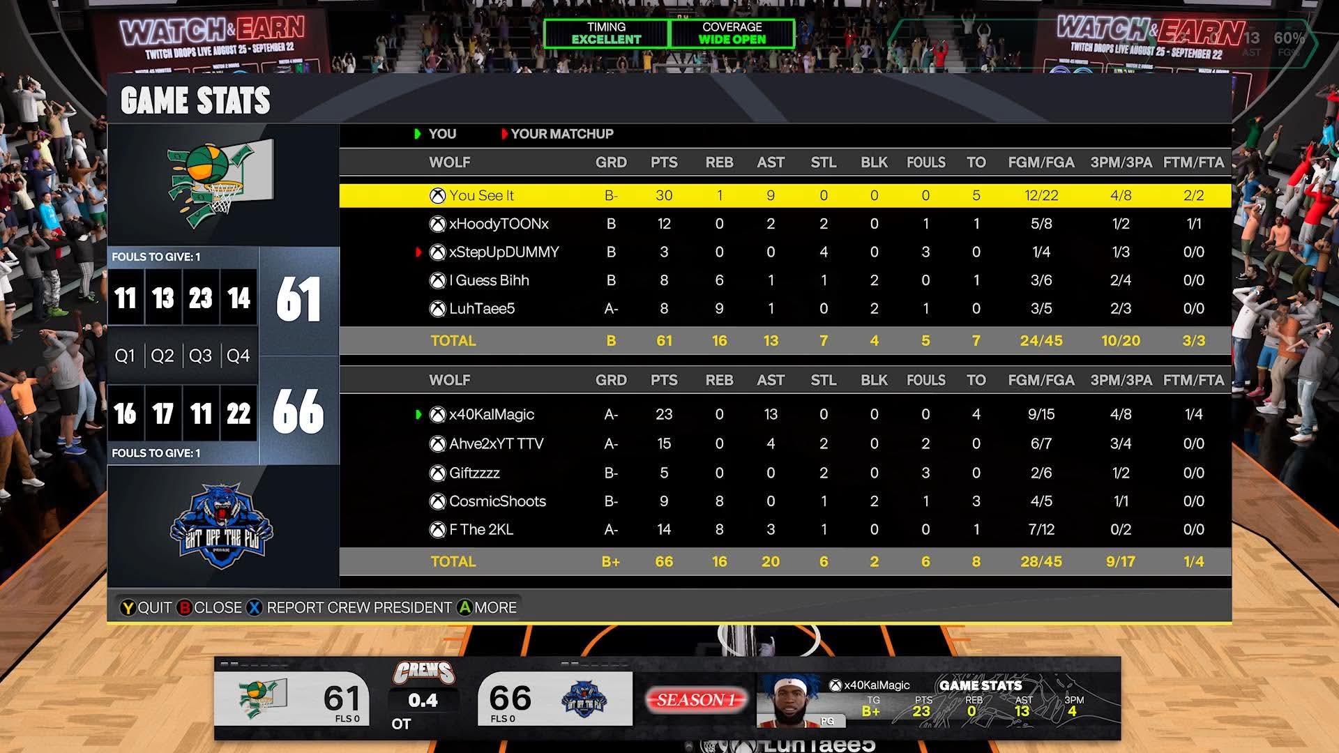 Team Gang 61–66 Team Blu box score screenshot
